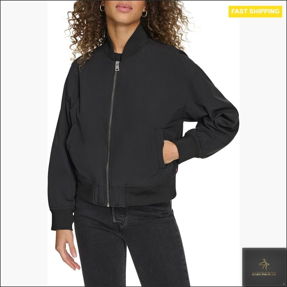 Lightweight Nylon Bomber Jacket with Rib Knit Cuffs and Pockets